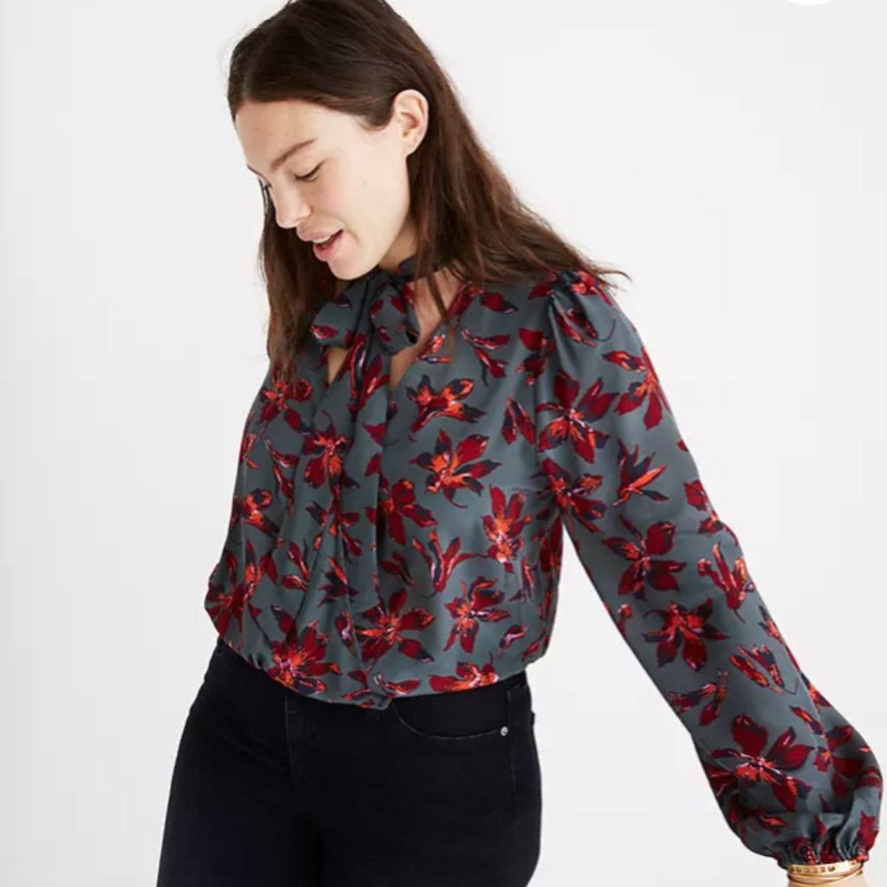 Madewell 100% Silk Floral Print V-Neck Top